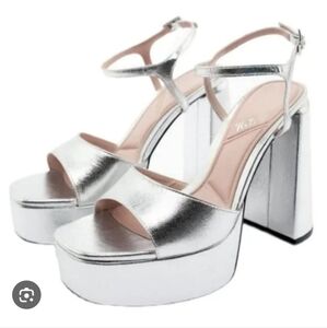 Zara Metallic Silver Platform Block Heels